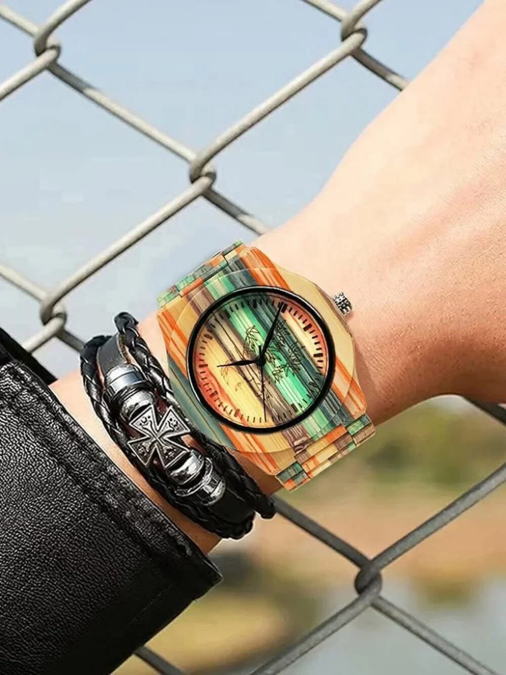 Men's Watch Colorful Multi Wooden Handmade Analog Dial Quartz Casual Wristwatch
